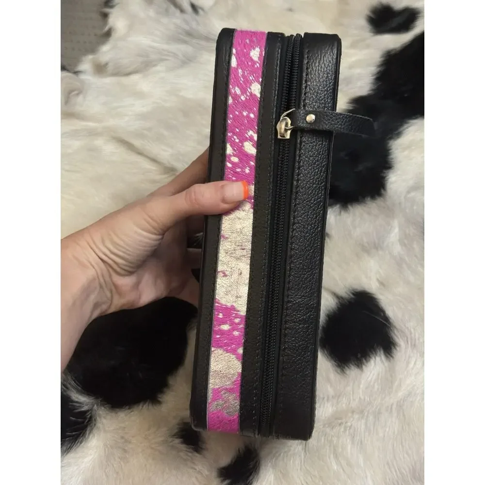 PINK Acid Wash HOWDY Hide & Leather Zip Travel Dresser Jewelry Box Cuff Case